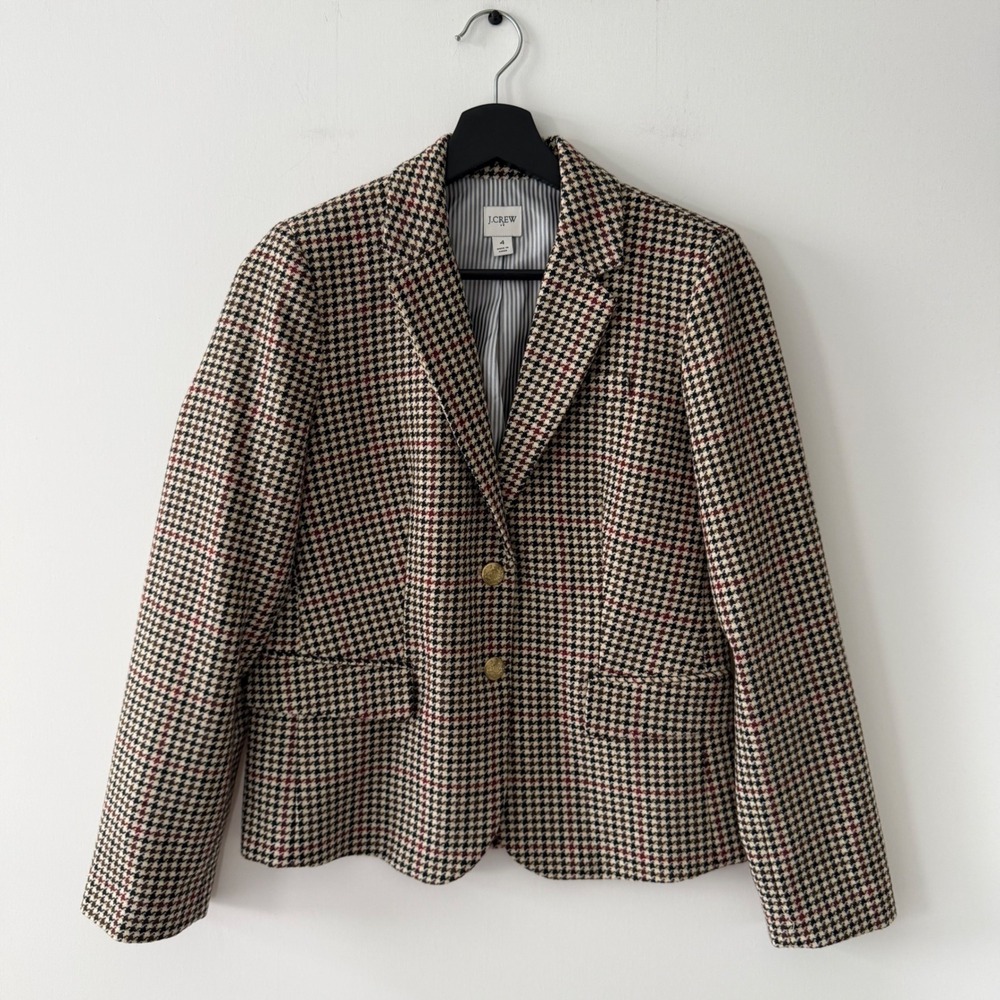 J.Crew Womens Houndstooth Wool Blend Blazer Brown Burgundy Size 4 Coat